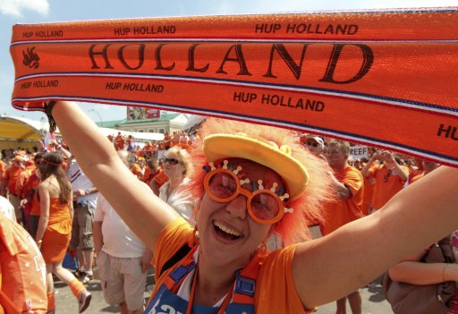 Netherlands soccer fan shouts slogans while at Euro 2012 fan zone in Kharkiv