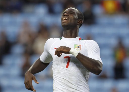 Senegal's Moussa Konate reacts after scoring a goal during their men's Group A football match against UAE at the London 2012 Olympic Games