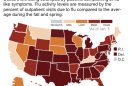 Map shows frequency of reported influenza-like illnesses by state.