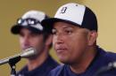 Detroit Tigers first baseman Miguel Cabrera is seen during a news conference where the details of Cabrera's eight-year contract extension was officially announced in Lakeland, Fla., Friday, March 28, 2014. (AP Photo/Carlos Osorio)