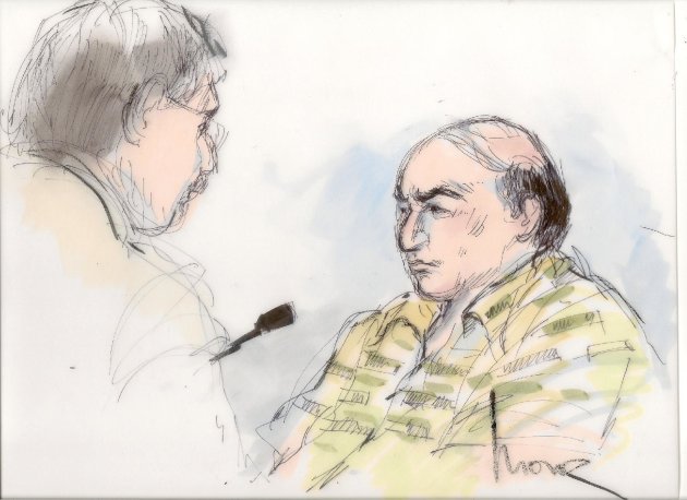 File-This Sept. 27, 2012 file courtroom sketch shows shows Mark Basseley Youssef talking with his attorney Steven Seiden, left, in court in Los Angeles. Youssef received a one-year sentence Wednesday Nov. 7, 2012, in federal prison for parole violation. (AP Photo/Mona Shafer Edwards, file)