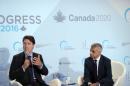 Canadian Prime Minister Justin Trudeau(L) and the Mayor of London, Sadiq Khan speak at the Global Progress conference in Montreal on September 15, 2016