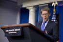 White House Press Secretary Jay Carney speaks during the daily news briefing at the White House in Washignton, Monday, July 8, 2013. The overthrow of Egypt's Islamist president, and National Security Agency leaker Edward Snowden, were among the topics Carney discussed. (AP Photo/Carolyn Kaster)