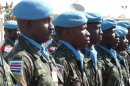 UN peacekeepers in Darfur stand guard on January 16, 2012 at the UNAMID headquarters in El-Fasher in North Darfur