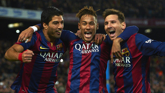 FILE - In this Jan. 11, 2015 file photo, FC Barcelona's Lionel Messi, from Argentina, right, Neymar, from Brazil, center, and Luis Suarez, from Uruguay, celebrate after scoring against Atletico Madrid during a Spanish La Liga soccer match at the Camp Nou stadium in Barcelona, Spain. All three fowards are on on the shortlist for UEFA's Best Player in Europe Award for last season. A UEFA panel of journalists will pick the winner at the Champions League groups draw in Monaco on Aug. 27. (AP Photo/Siu Wu, File)