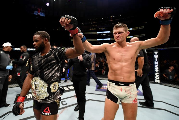 Welterweight champion Tyron Woodley (L) and Stephen “Wonderboy” Thompson will rematch at UFC 209 on March 4 in Las Vegas. They fought to a majority draw in a Fight of the Night battle at UFC 205 on Nov. 12 in New York. (Getty Images)