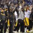 Pittsburgh Steelers head coach Mike Tomlin, center, joins the rest of the bench in celebrating the winning field goal during the second half of an NFL football game against the Baltimore Ravens in Baltimore, Sunday, Dec. 2, 2012. The Steelers won 23-20. (AP Photo/Gail Burton)