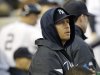 New York Yankees' Alex Rodriguez watches from the dugout during the fourth inning of Game 5 of the American League division baseball series against the Baltimore Orioles, Friday, Oct. 12, 2012, in New York. (AP Photo/Kathy Willens)