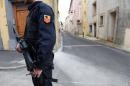 An armed gendarme stands guard in a street in Marseillan, southern France, on February 10, 2017, where the suspects were arrested by French anti-terrorist police