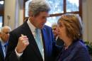 U.S. Secretary of State Kerry talks to EU foreign policy chief Ashton prior to peace talks in Montreux