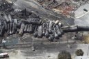 An aerial view of burnt train cars after a train derailment and explosion in Lac-Megantic, Quebec