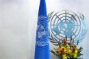 A United Nations logo and flag are seen during the U.N. General Assembly at U.N. Headquarters in New York