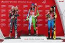 Ilka Stuhec of Slovenia (C) celebrates after winning the Audi FIS Ski World Cup 1st Women's Downhill race with second place Sofia Goggia of Italy (L) and third place Kajsa Kling of Sweden (R) in Alberta, Canada on December 2, 2016