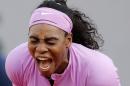 Serena Williams of the U.S. reacts as she plays Belarus' Victoria Azarenka during their third round match of the French Open tennis tournament at the Roland Garros stadium, Saturday, May 30, 2015 in Paris, France. (AP Photo/Christophe Ena)