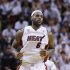 Miami Heat's James runs downcourt after scoring against the Indiana Pacers during Game 7 of their NBA Eastern Conference final basketball playoff in Miami