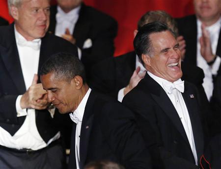 U.S. President Barack Obama and Republican presidential candidate Mitt Romney (R) are pictured on stage at the 67th Annual Alfred E. Smith Memorial Foundation dinner in New York October 18, 2012. REUTERS/Jason Reed