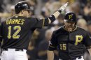 Pittsburgh Pirates' Russell Martin (55) is greeted by on-deck batter Clint Barmes (12) after hitting a home run in the second inning of the NL wild-card playoff baseball game against the Cincinnati Reds on Tuesday, Oct. 1, 2013, in Pittsburgh. (AP Photo/Gene J. Puskar)