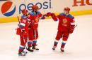Alex Ovechkin #8 of Team Russia celebrates his third-period goal with Andrei Markov #79 and Vladimir Tarasenko #91 while playing Team Sweden during the World Cup of Hockey at the Air Canada Center on September 18, 2016 in Toronto, Canada