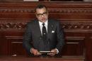 Morocco's King Mohammed VI delivers a speech at the Constituent Assembly in Tunis