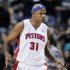 Detroit Pistons forward Charlie Villanueva reacts after sinking one of his three 3-point baskets against the Miami Heat in the first half of an NBA basketball game Friday, Dec. 28, 2012, in Auburn Hills, Mich. (AP Photo/Duane Burleson)
