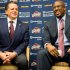 Cleveland Cavaliers owner Dan Gilbert, left, talks with new head coach Mike Brown during a press conference at the team's headquarters introducing Brown on Wednesday, April 24, 2013, in Independence, Ohio. (AP Photo/Jason Miller)
