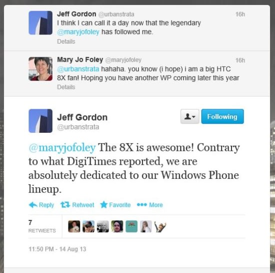 HTC 全球高級通訊經理 Jeff Gordon 在 Twitter 上發文否認放棄 WP8 手機市場