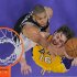 Los Angeles Lakers forward Pau Gasol, right, of Spain, and San Antonio Spurs forward Tim Duncan battle for a rebound during the second half in Game 3 of a first-round NBA basketball playoff series, Friday, April 26, 2013, in Los Angeles. The Spurs won 120-89. (AP Photo/Mark J. Terrill)