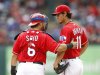 Texas Rangers starting pitcher Yu Darvish and catcher Geovany Soto talk on the mound in Arlington, Texas