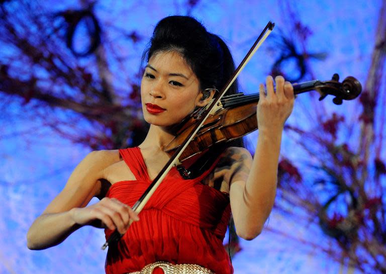 Violinist Vanessa-Mae performs during the opening night gala for Mandarin Oriental, in Las Vegas, Nevada, on December 4, 2009