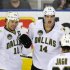 Stars' Morrow, Benn and Jagr celebrate goal against Oilers during their NHL hockey game in Edmonton
