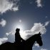 A horse returns from the gallops at the Cheltenham racecourse in western England