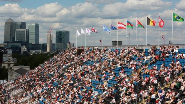 A general view of the Olympic equestrian arena seating area with Canary Wharf in the distance during the London 2012 Olympic Games (Reuters)