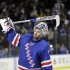 New York Rangers goalie Henrik Lundqvist, of Sweden, celebrates after defeating the Washington Capitals in Game 6 of their NHL Stanley Cup hockey playoff series in New York, Sunday, May 12, 2013. The Rangers evened the series at 3-3 with a 1-0 shutout, forcing a Game 7 in Washington, Monday. (AP Photo/Kathy Willens)