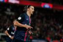 PSG's Zlatan Ibrahimovic celebrates after scoring during his French League One soccer match against Toulouse, at the Parc des Princes stadium in Paris, France, Saturday, Nov. 7, 2015. (AP Photo/Thibault Camus)