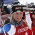 Switzerland's Lara Gut celebrates at the finish line after winning a women's Alpine Ski World Cup downhill race, in Val d'Isere, France, Friday, Dec.14, 2012. (AP Photo/Pier Marco Tacca)