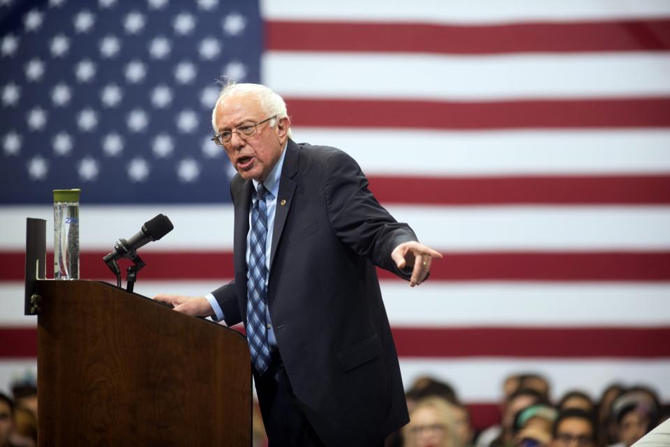 Democratic presidential candidate Sen. Bernie Sanders, I-Vt., speaks at a town hall meeting with students at George Mason University in Fairfax, Va., ...