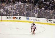 New Jersey Devils goalie Martin Brodeur skates around during a time out in the first period against the Los Angeles Kings during Game 6 of the NHL hockey Stanley Cup finals, Monday, June 11, 2012, in Los Angeles. (AP Photo/Jae C. Hong)