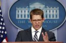 Jay Carney speaks about the situation in Syria during a briefing at the White House in Washington
