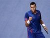 Tsonga of France reacts during his match against Benneteau of France during the Paris Masters tennis tournament