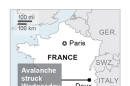 Map locates avalanche in the French Alps.; 1c x 3 inches; 46.5 mm x 76 mm;