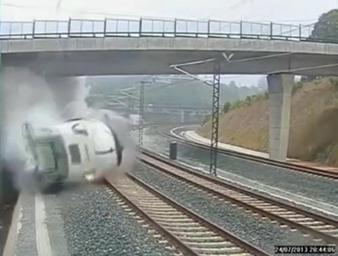 CORRECTS DATE - This image taken from security camera video shows a train derailing in Santiago de Compostela, Spain, on Wedmesday July 24, 2013. Spanish investigators tried to determine Thursday why a passenger train jumped the tracks and sent eight cars crashing into each other just before arriving in this northwestern shrine city on the eve of a major Christian religious festival, killing at least 77 people and injuring more than 140. (AP Photo)