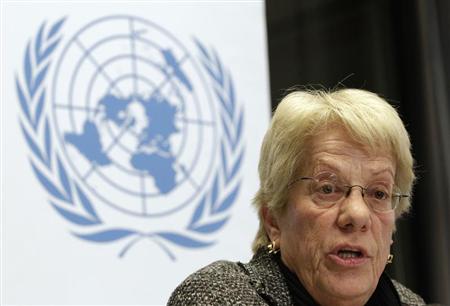 Member of the Commission of Inquiry on Syria Carla del Ponte addresses a news conference at the United Nations European headquarters in Geneva February 18, 2013. Syrians in "leadership positions" who may be responsible for war crimes have been identified, along with units accused of perpetrating them, United Nations investigators said on Monday. REUTERS/Denis Balibouse
