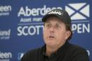 US golfer Phil Mickelson answers questions from the media during a preview day ahead of the Scottish Open at Gullane Golf Club, Gullane Scotland Wednesday July 8, 2015. Five-time major champion Phil Mickelson has refused to comment on allegations linking him to an illegal gambling operation, saying he had got used to being an 