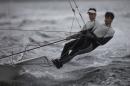 Austria's 49er class Nikolaus Resch, right, and Nico Delle Karth, train on the waters of Guanabaray bay between Niteroi and Rio de Janeiro, Brazil, Sunday, July 27, 2014. International sailors are gathering for the first test event of the 2016 Olympics in Rio de Janeiro, concerned about water pollution in Guanabara Bay that some have likened to a sewer. (AP Photo/Felipe Dana)