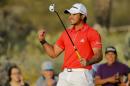 Jason Day, of Australia, celebrates on the 23rd hole after winning his championship match against Victor Dubuisson, of France, during the Match Play Championship golf tournament, Sunday, Feb. 23, 2014, in Marana, Ariz. (AP Photo/Matt York)