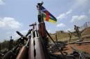 A Central African Republic flag is seen on a gun, which is diplayed among other arms confiscated from ex-Seleka rebels and "anti-balaka" militia by the French military of Operation Sangaris at a French military base in Bangui