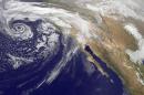 Swirling Eastern Pacific Ocean storm system headed for California is seen in an image from NOAA's GOES-West satellite
