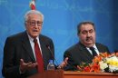 UN-Arab League peace envoy for Syria Brahimi speaks to the media during a joint news conference with Iraq's Foreign Minister Zebari in Baghdad