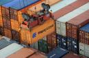 FILE PHOTO: A Hapag-Lloyd container is loaded from a container ship at the terminal Altenwerder in the harbour in Hamburg