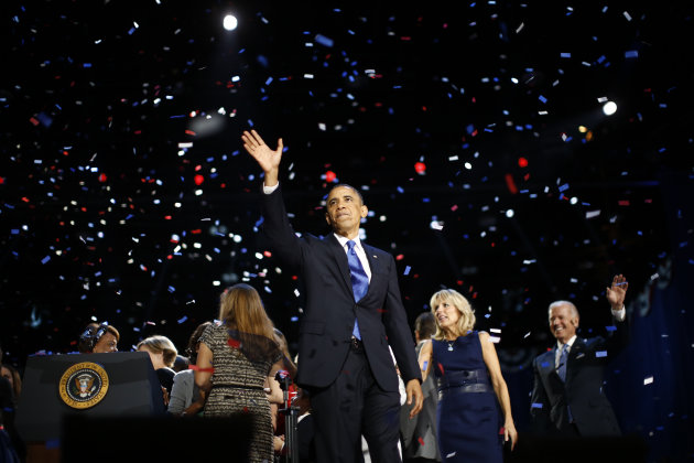 U.S. President Barack Obama celebrates after his victory speech during election night in Chicago, November 6, 2012.    REUTERS/Jason Reed  (UNITED STATES - Tags: POLITICS USA PRESIDENTIAL ELECTION ELECTIONS) BEST QUALITY AVAILABLE